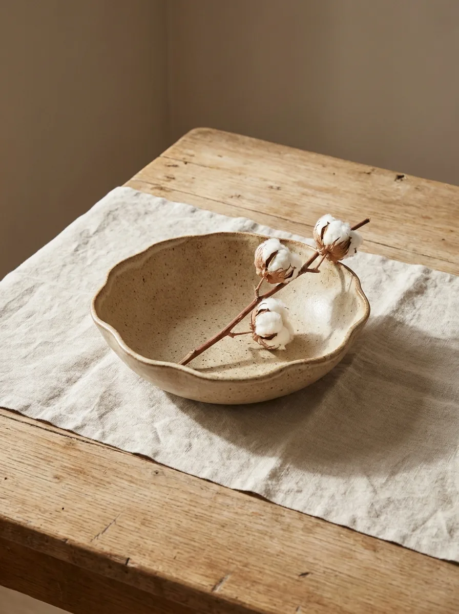 Handmade ceramic bowl with dried cotton stem on a rustic wooden dining table in warm neutral lighting