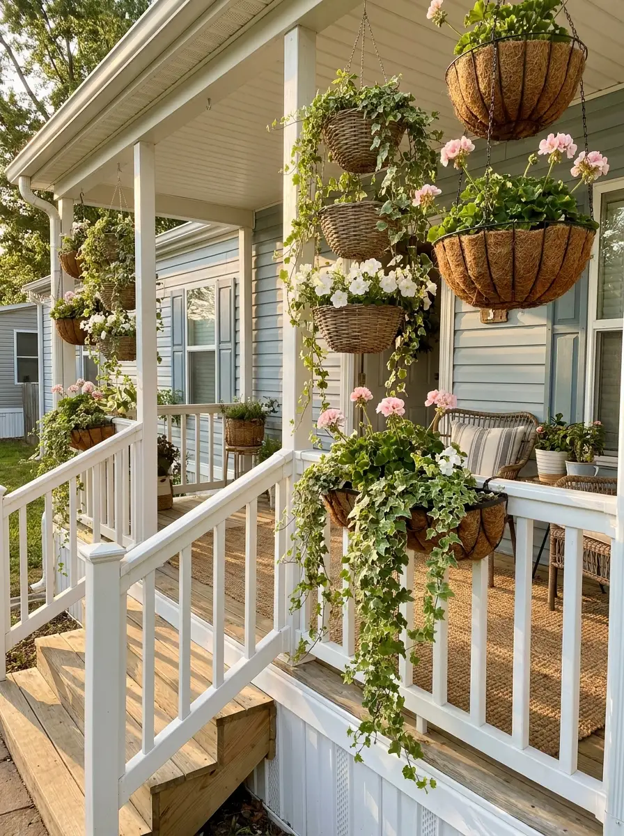 Mobile home porch makeover with layered hanging baskets, trailing ivy, white railings, and cozy farmhouse seating