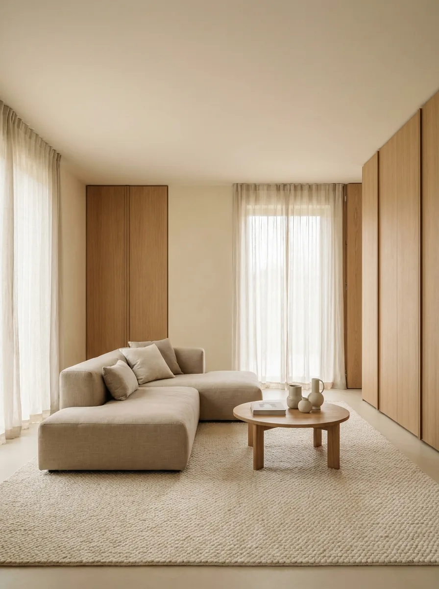 Modern minimalist living room with hidden storage sofa, neutral rug, sheer curtains, and warm wood cabinetry