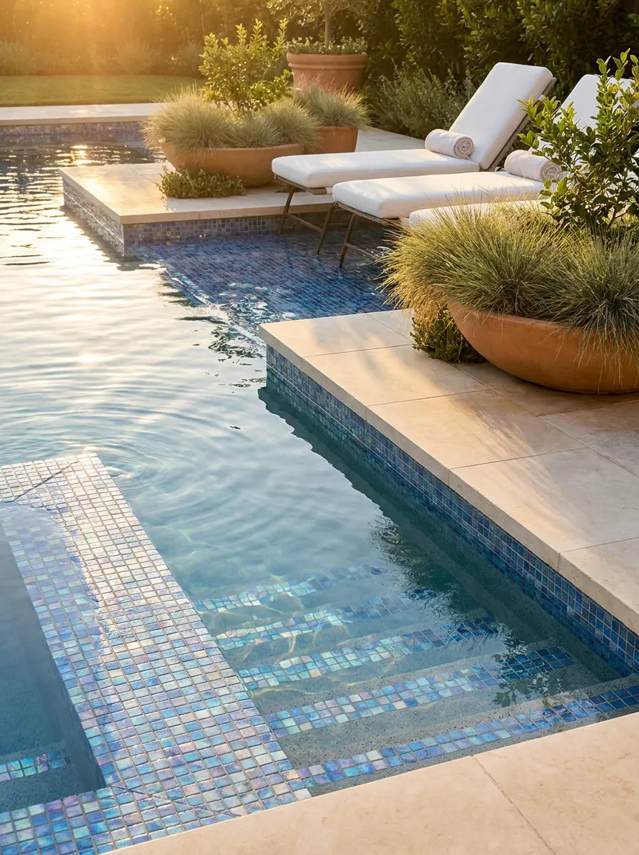 Elegant swimming pool with shimmering iridescent tile accents, soft sunset lighting, luxury loungers, and sophisticated outdoor pool landscaping