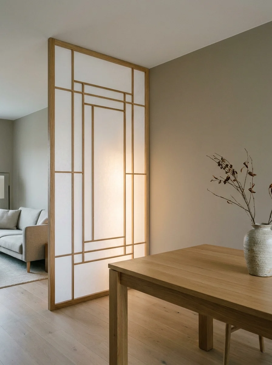 Japandi dining room featuring a shoji divider, oak wood table, neutral walls, and soft minimalist lighting