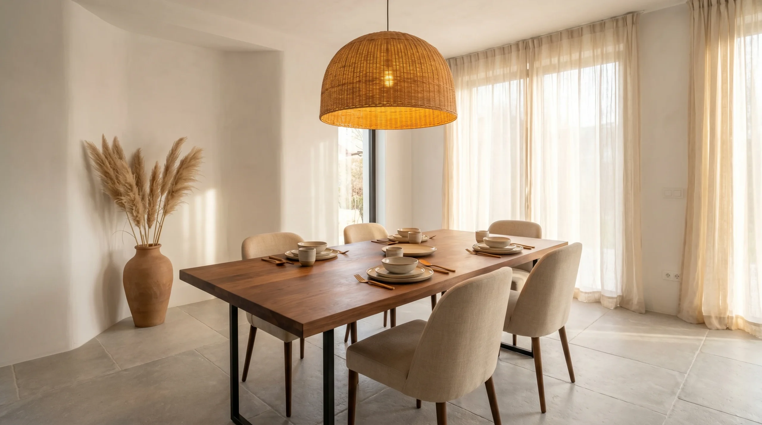 Japandi dining room with woven pendant lighting, neutral upholstered chairs, and minimalist wooden furniture