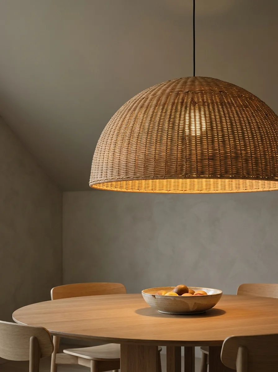 Japandi woven pendant light hanging above a minimalist oak dining table with warm ambient interior lighting