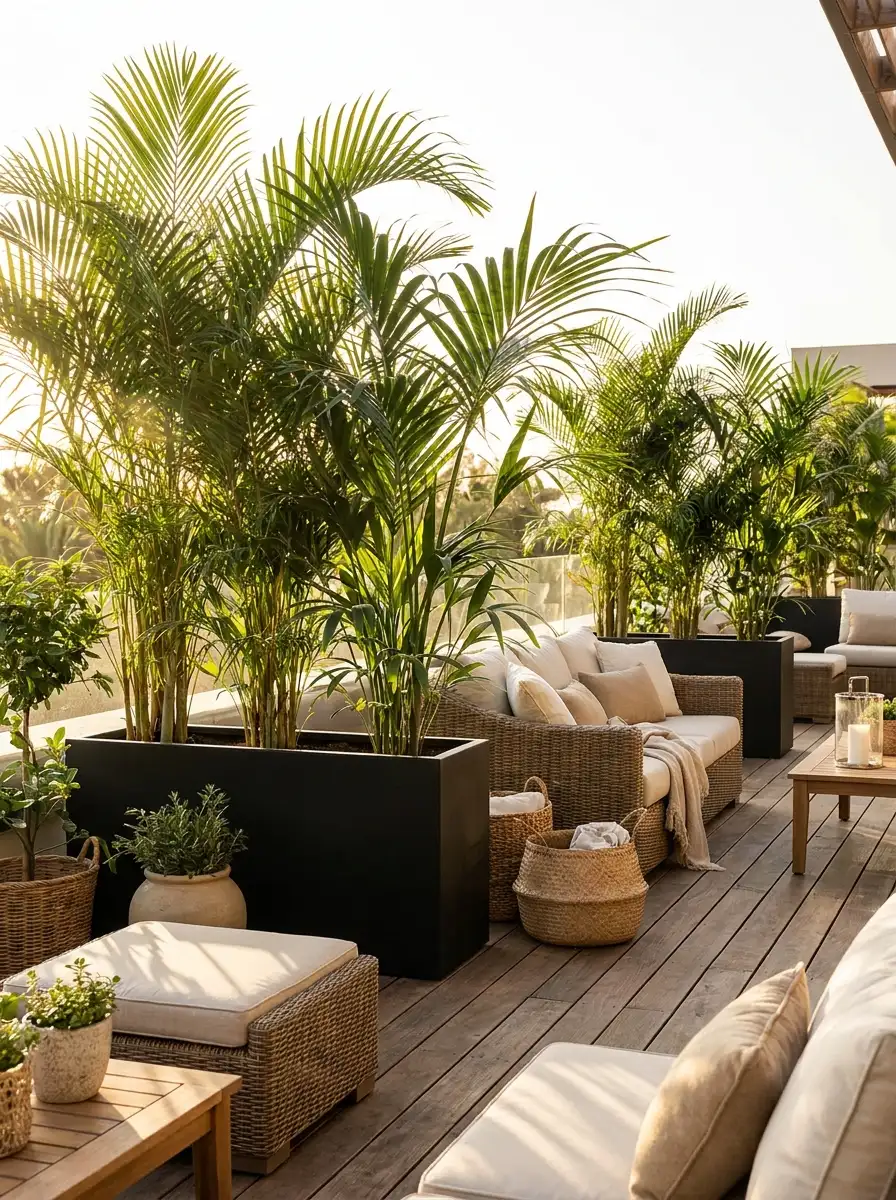 Tall tropical palm plants in sleek black outdoor planters creating a luxurious privacy screen on a modern rooftop patio lounge.