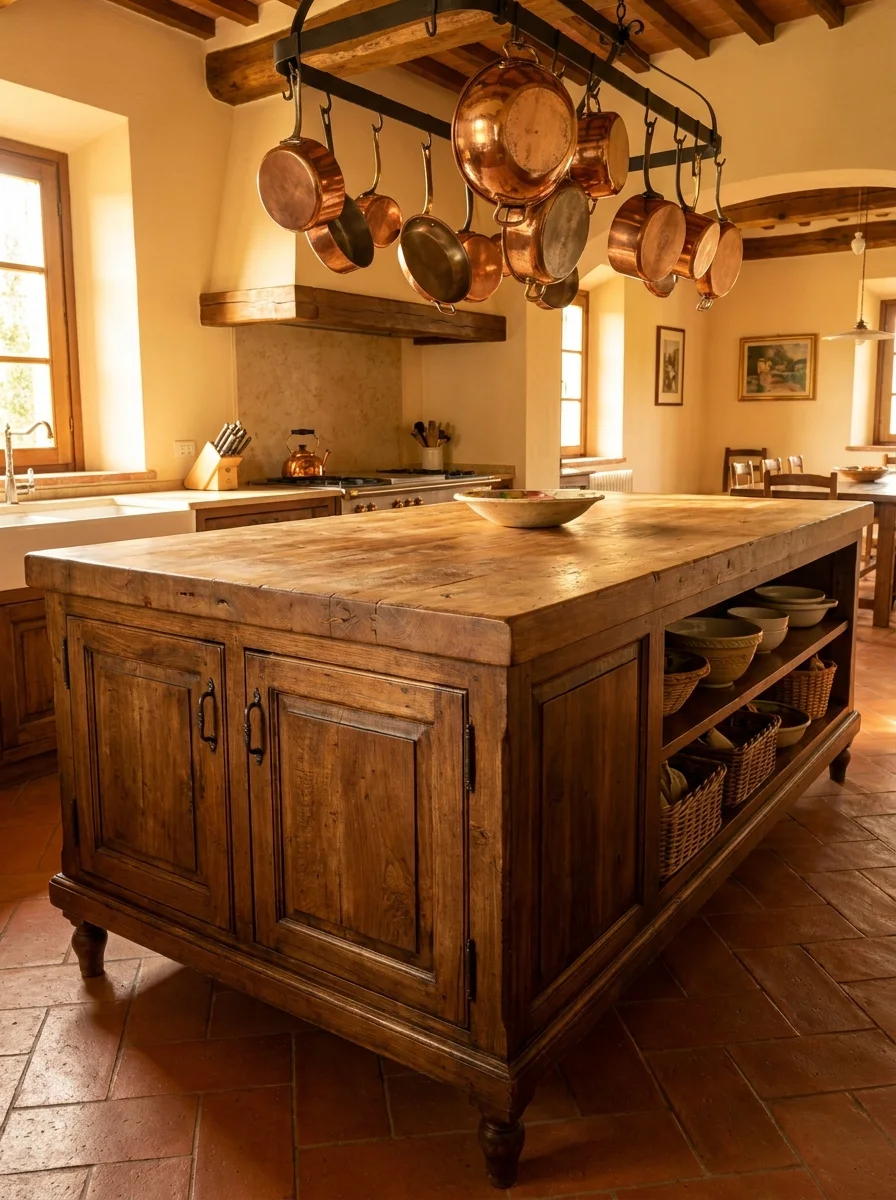 Oversized reclaimed wood butcher block kitchen island with open shelving and wicker baskets beneath a ceiling-mounted copper pot rack.