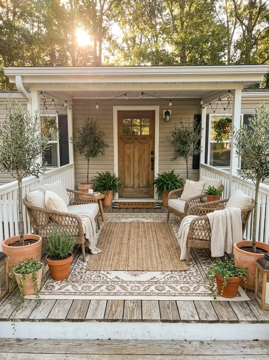 Cozy mobile home front porch with woven furniture, layered rugs, potted olive trees, string lights, and natural textures