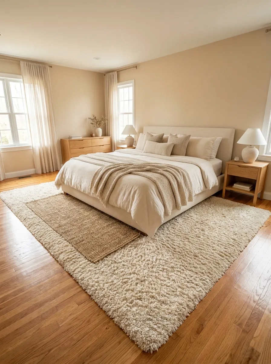 Sunlit master bedroom with warm beige walls, a cream upholstered bed with layered neutral bedding, wooden nightstands and dresser, and a luxurious layered rug combination — a plush ivory shag rug placed over a larger natural woven jute rug on hardwood floors