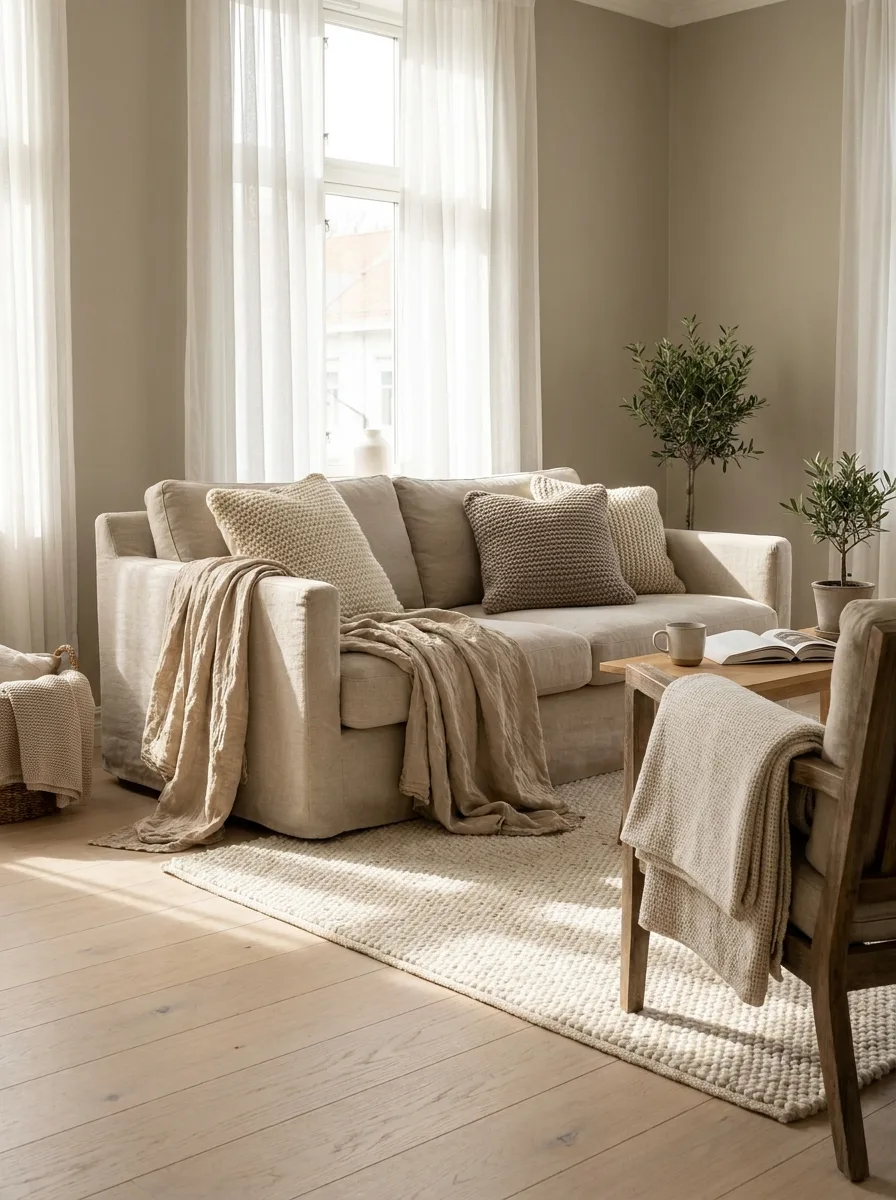 Cozy neutral living room with layered textiles, linen sofa, textured cushions, soft rugs, and natural light