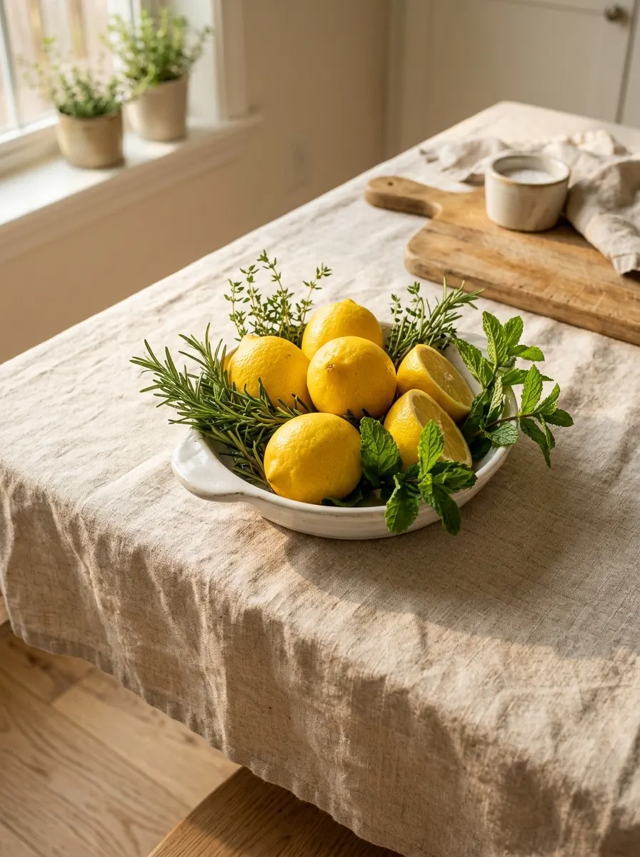 Lemon bowl centerpiece with rosemary, mint, and thyme arranged on a neutral linen-covered dining table