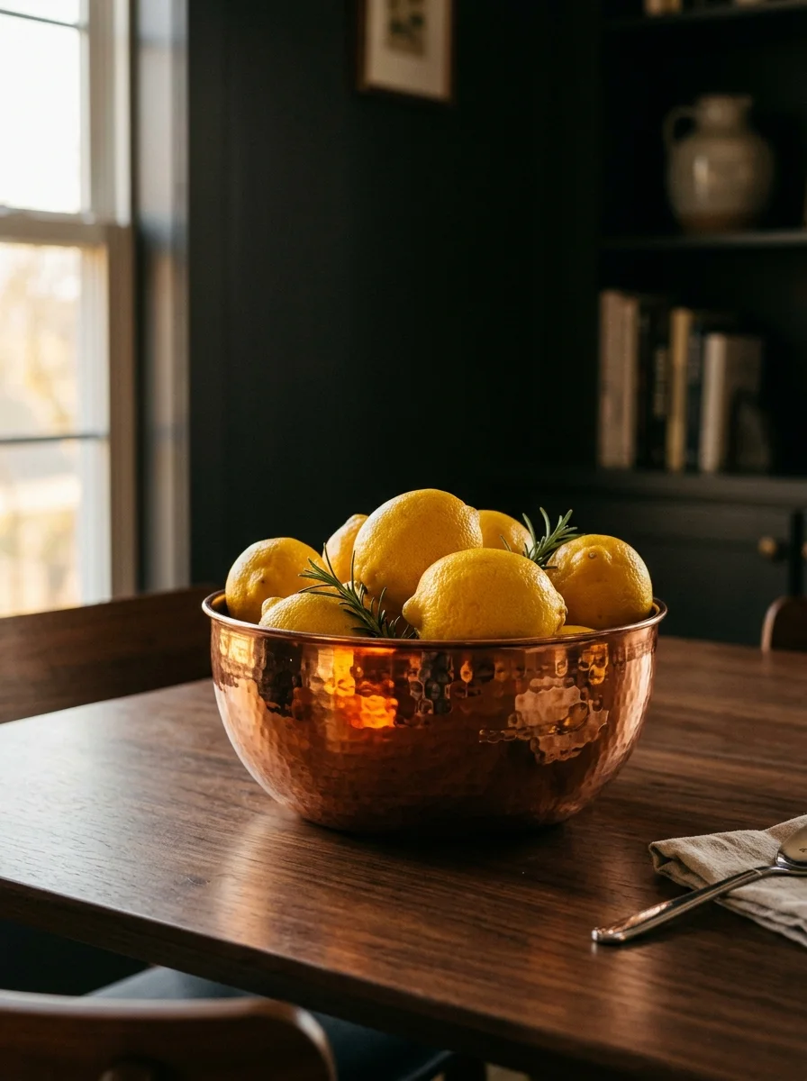 Lemon bowl decor with fresh rosemary in a hammered copper bowl on a rustic dark wood dining table