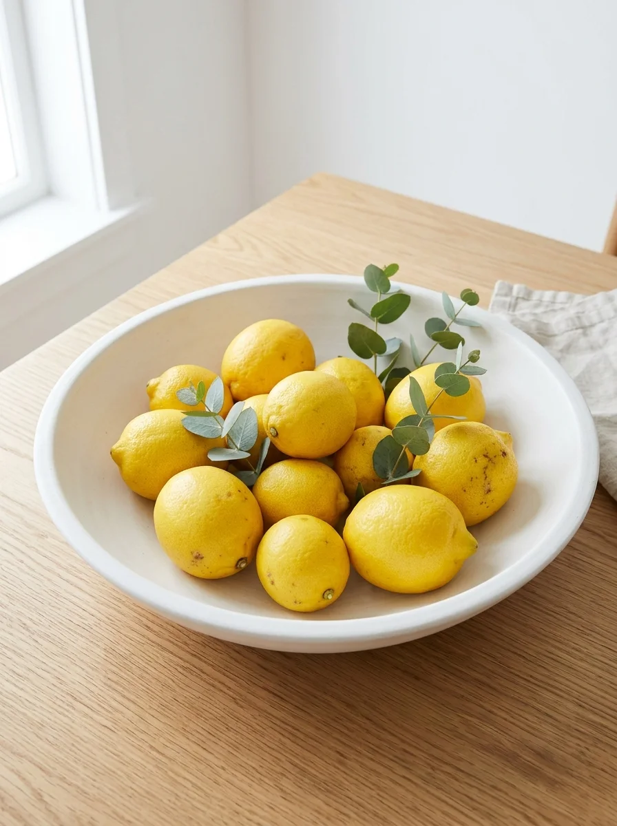 Lemon bowl decor with eucalyptus stems arranged in a minimalist white ceramic centerpiece dish on wood table