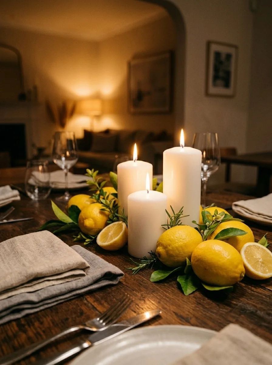 Lemon candle centerpiece with greenery and pillar candles creating warm, cozy dining table decor ambiance