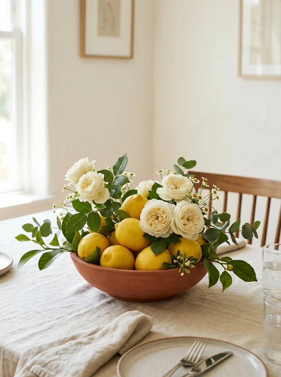 Lemon floral centerpiece with white roses and greenery styled for elegant farmhouse dining table decor
