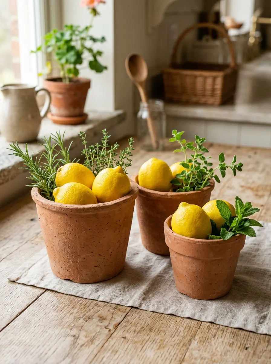 Lemon herb planter decor with rosemary, thyme, oregano, and mint in rustic terracotta pots on wood table