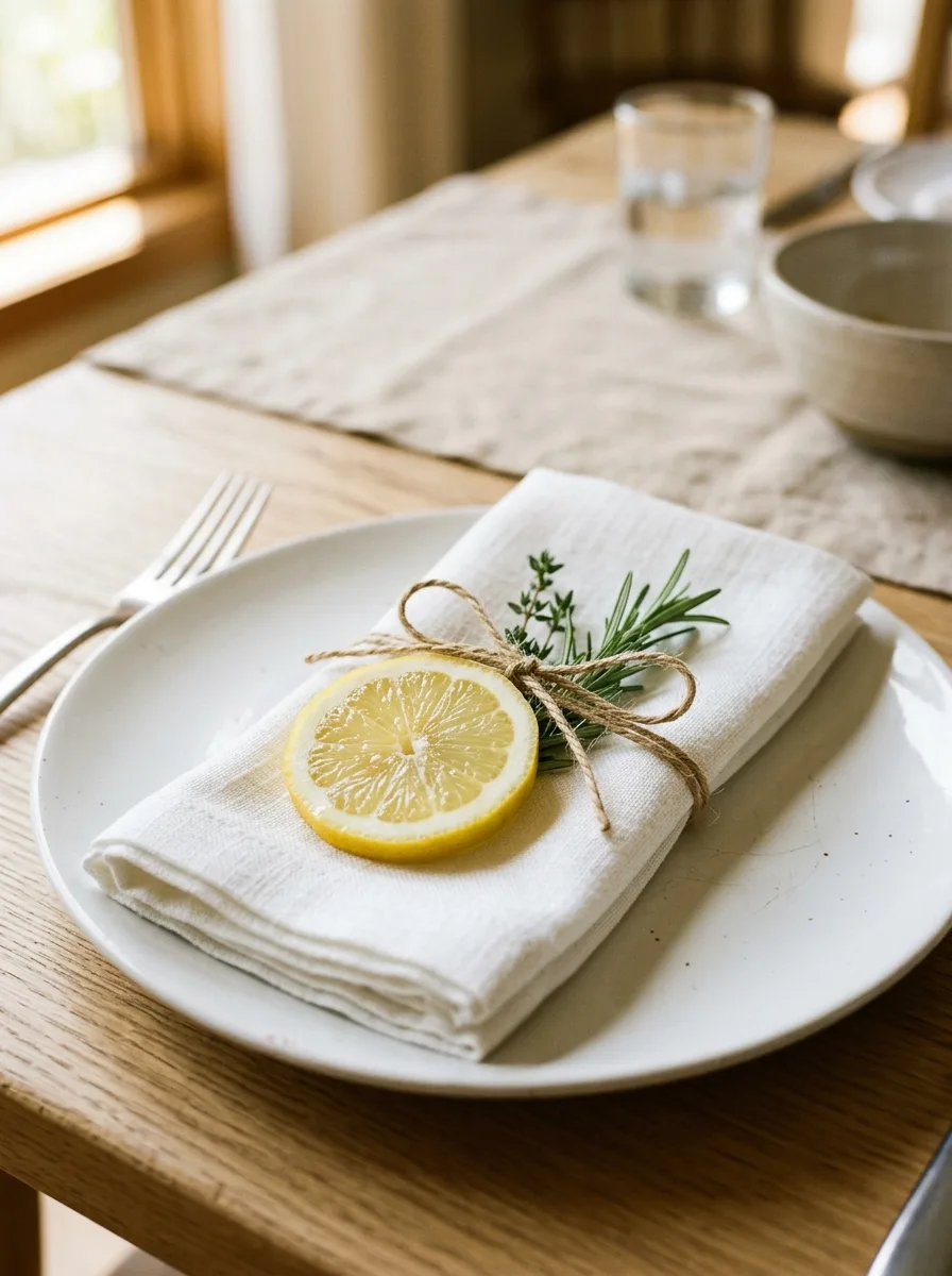 Lemon napkin table setting with rosemary and twine on neutral dinnerware for rustic farmhouse dining decor