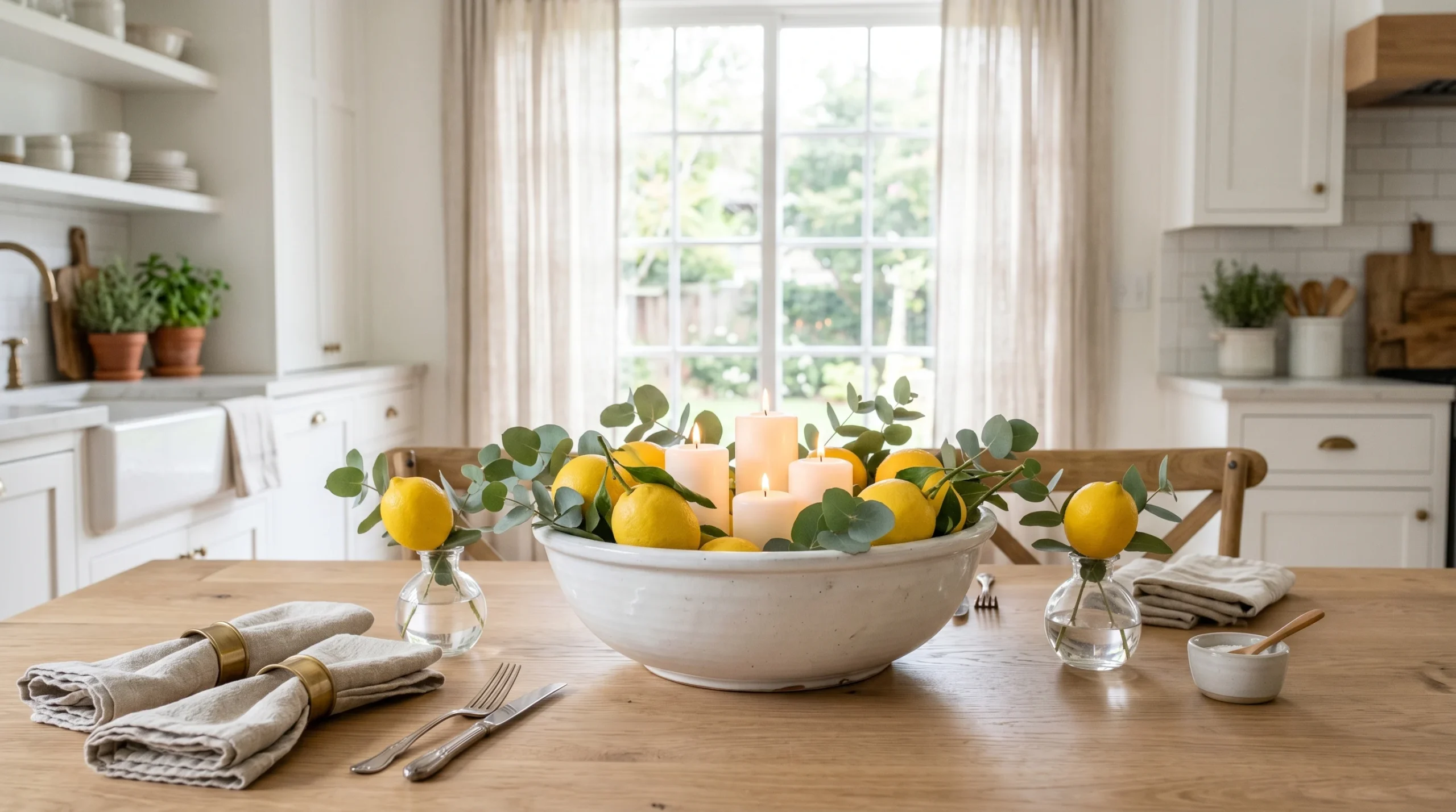Lemon table centerpiece with candles, eucalyptus, and ceramic bowl styling in a bright modern farmhouse kitchen