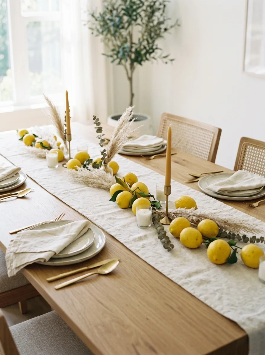 Lemon table runner centerpiece with candles, pampas grass, and greenery for elegant farmhouse dining decor