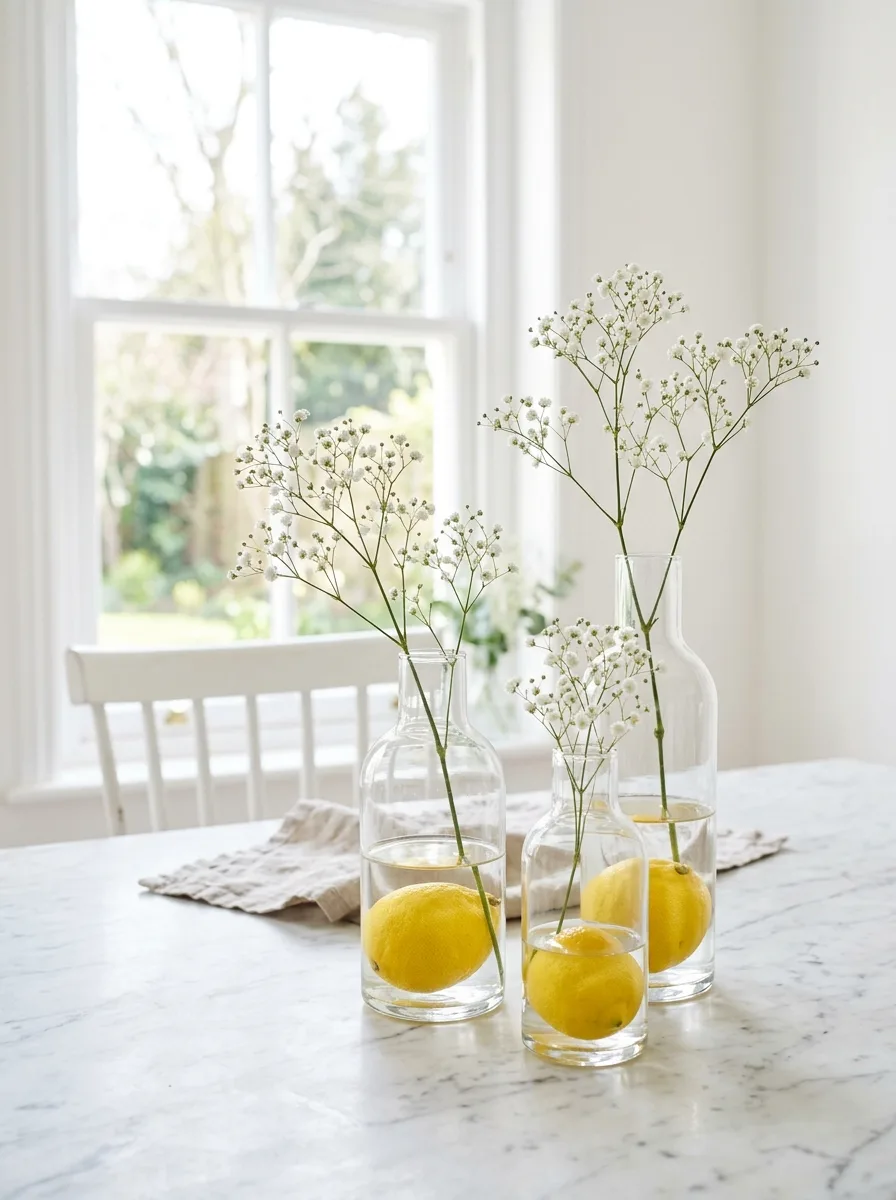 Lemon vase decor with baby’s breath flowers in clear glass bottles for bright minimalist table styling
