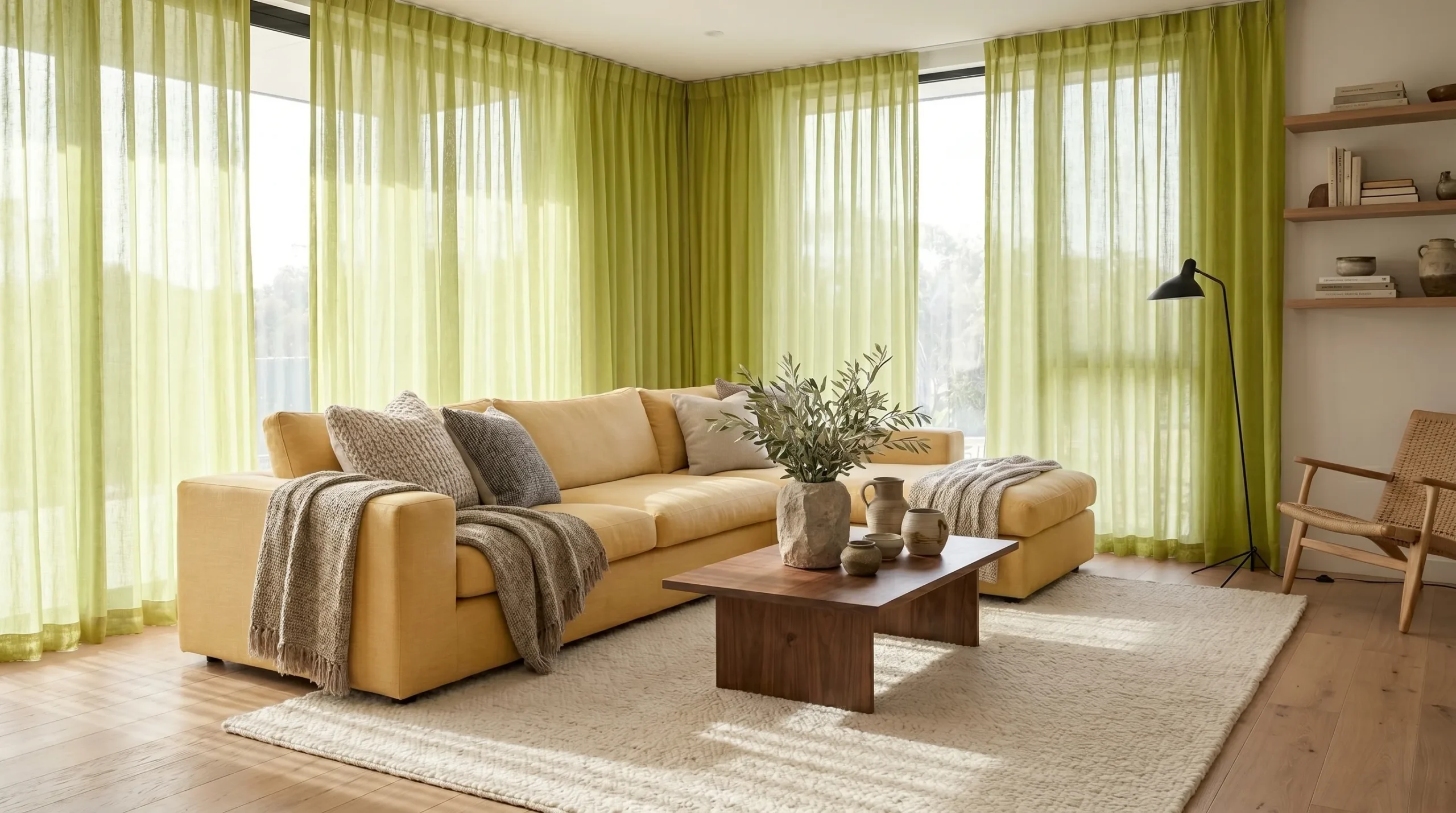 Modern living room with lime green sheer curtains, beige sectional sofa, wooden coffee table, and cozy neutral decor inspiration