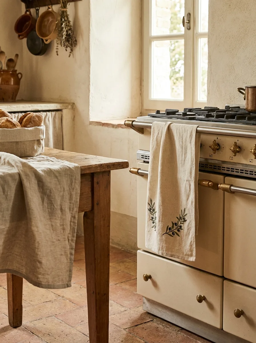 Olive branch-embroidered linen tea towel draped over a cream vintage range cooker beside a basket of rustic bread loaves.