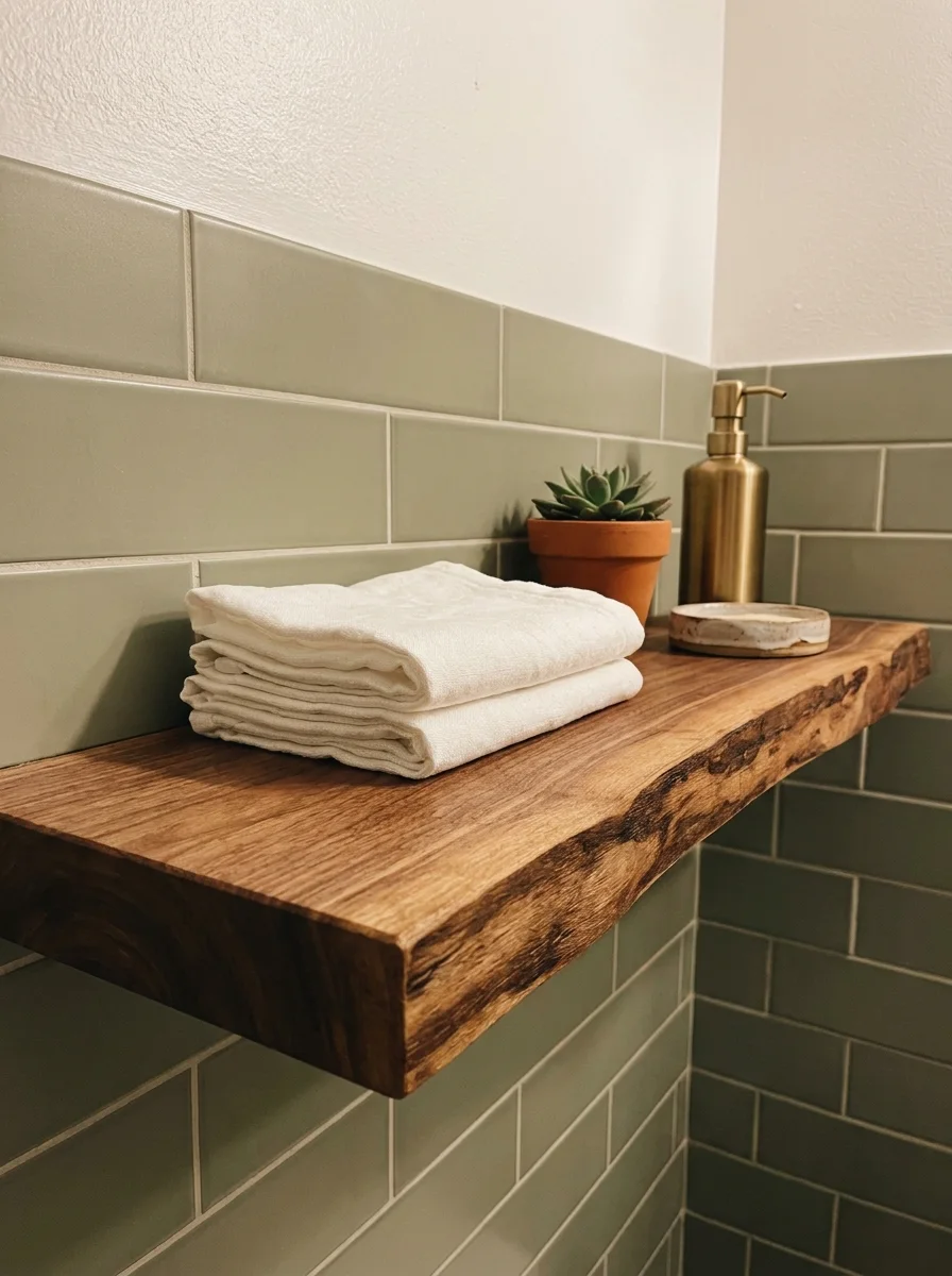 Live edge wood shelf bathroom display with sage green subway tile wall, brass accessories, and folded towels