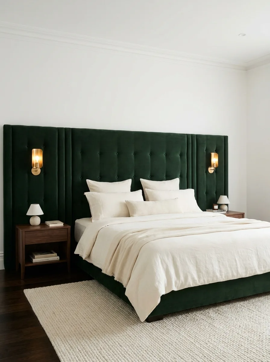 Elegant bedroom featuring a tall forest green velvet tufted and channeled upholstered headboard, cream linen bedding, dark walnut nightstands, brass wall sconce lights, and a textured white area rug on dark hardwood floors