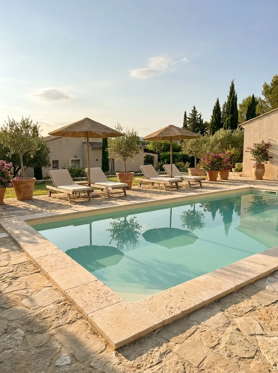 Modern swimming pool with limestone coping, neutral lounge seating, natural landscaping, and upscale resort-style backyard patio inspiration