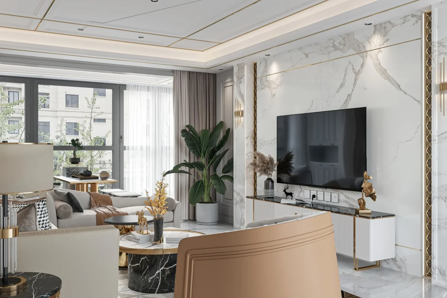 A luxury modern living room featuring a marble TV wall, gold accents, neutral furniture, indoor plants, and elegant contemporary interior design.