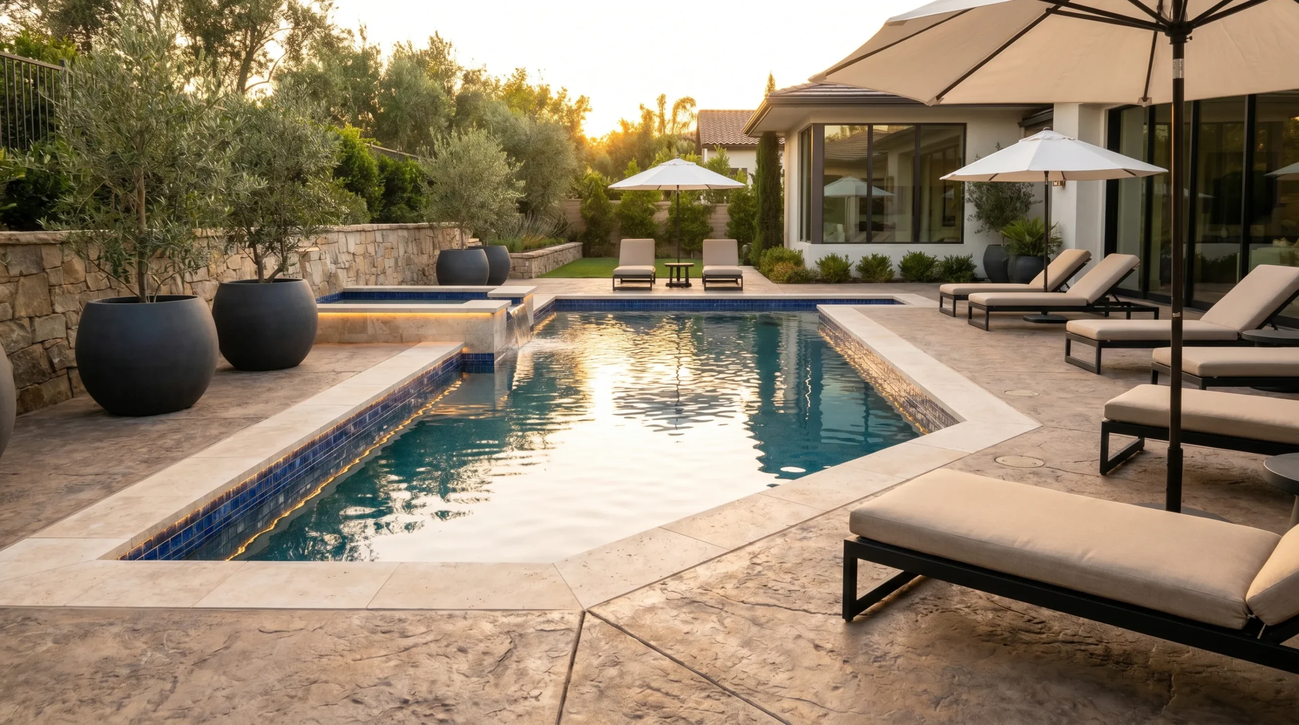 Elegant modern backyard swimming pool with travertine coping, luxury lounge chairs, neutral umbrellas, stone walls, and resort-style outdoor landscaping inspiration