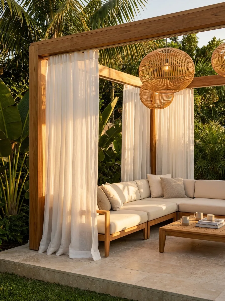 Relaxing outdoor cabana lounge with sheer curtains, wood frame structure, neutral seating, and tropical landscaping for resort-style backyard inspiration