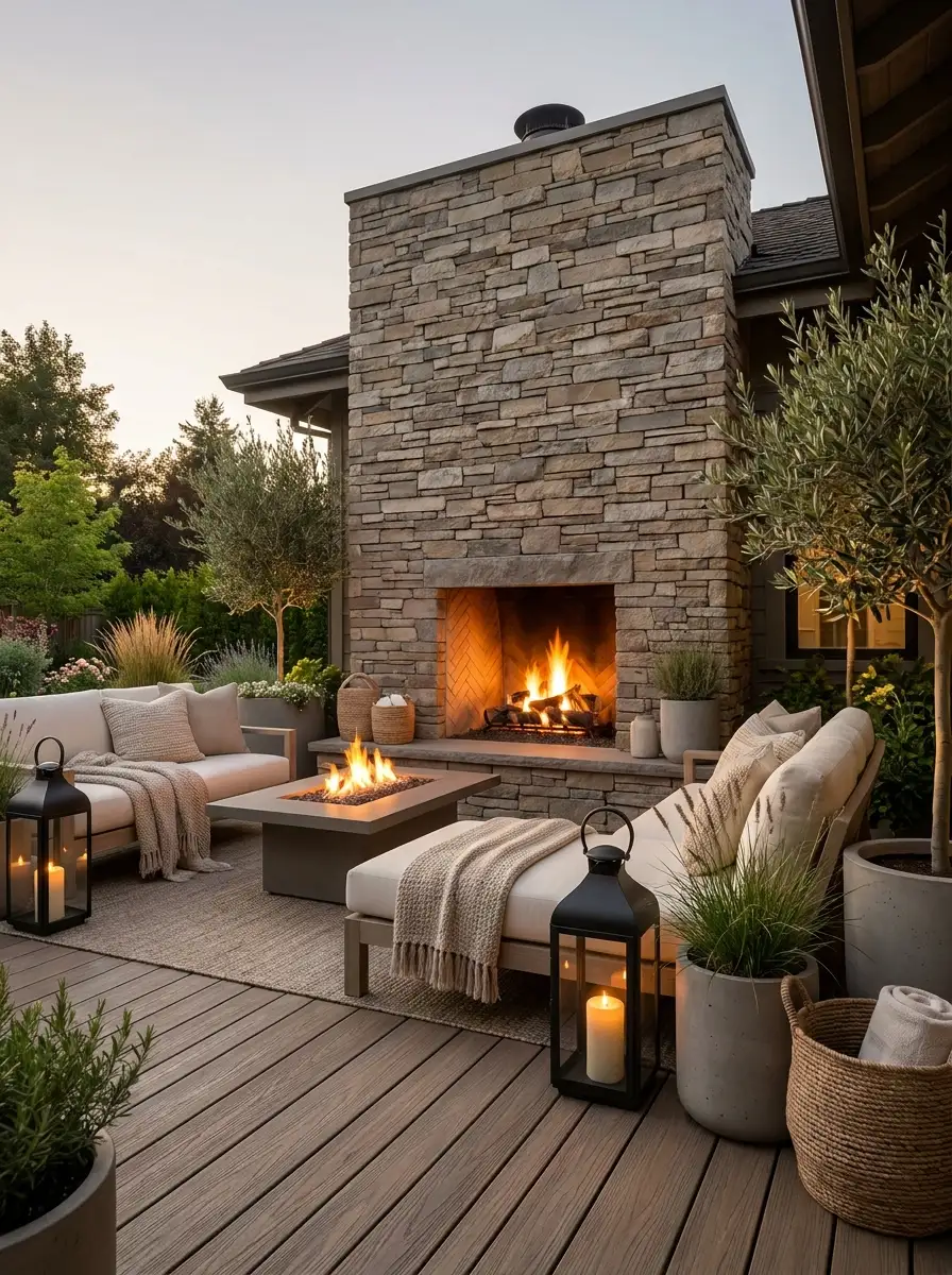 Elegant backyard patio with stone outdoor fireplace, cozy fire table, neutral seating, and warm ambient lantern lighting