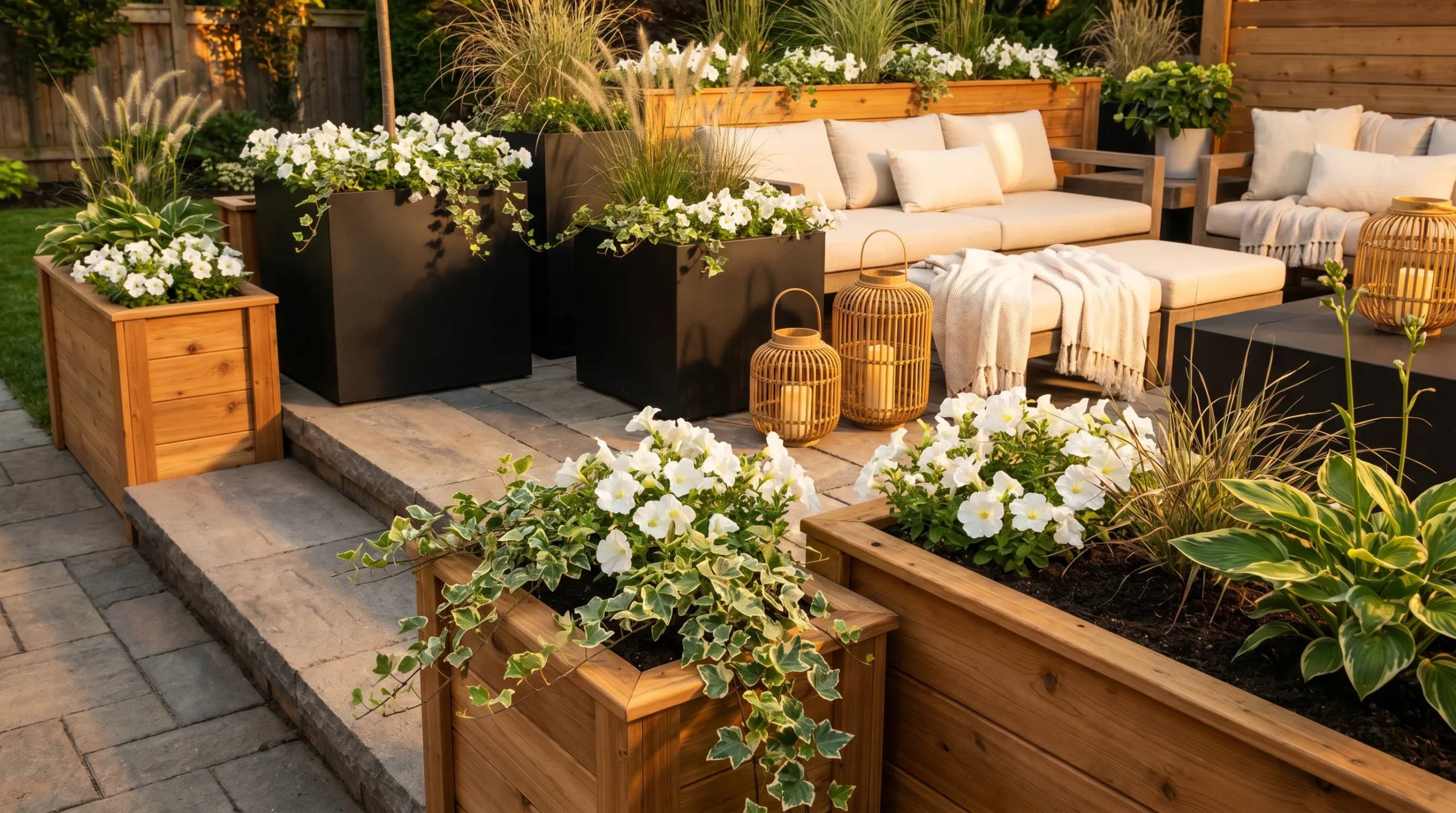 Elegant outdoor landscaping with wooden and black planter boxes filled with white flowers, ivy, grasses, and cozy patio furniture.