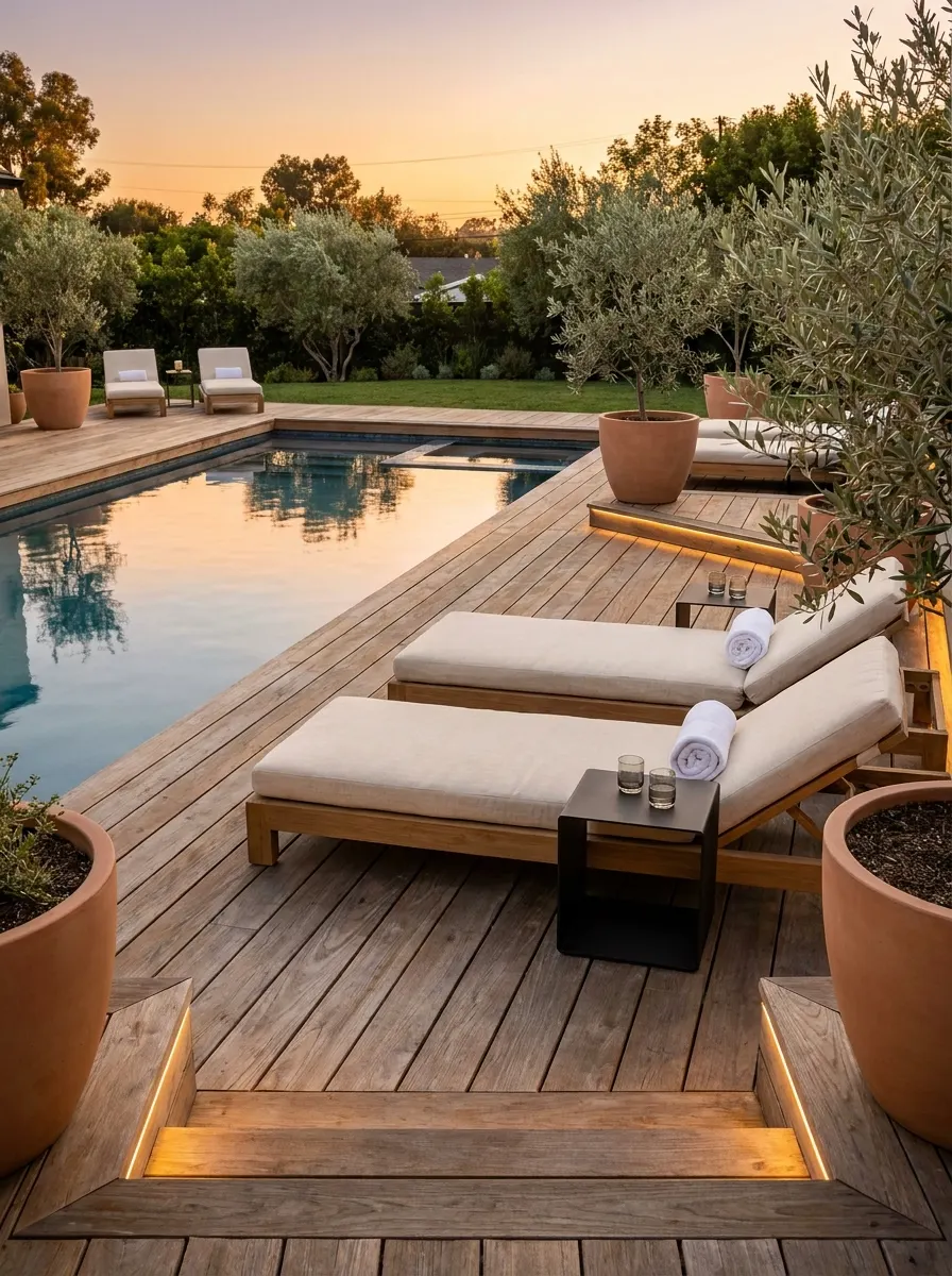 Stunning poolside lounge deck with warm wood accents, neutral sun loungers, olive trees, and luxury resort-inspired backyard landscaping