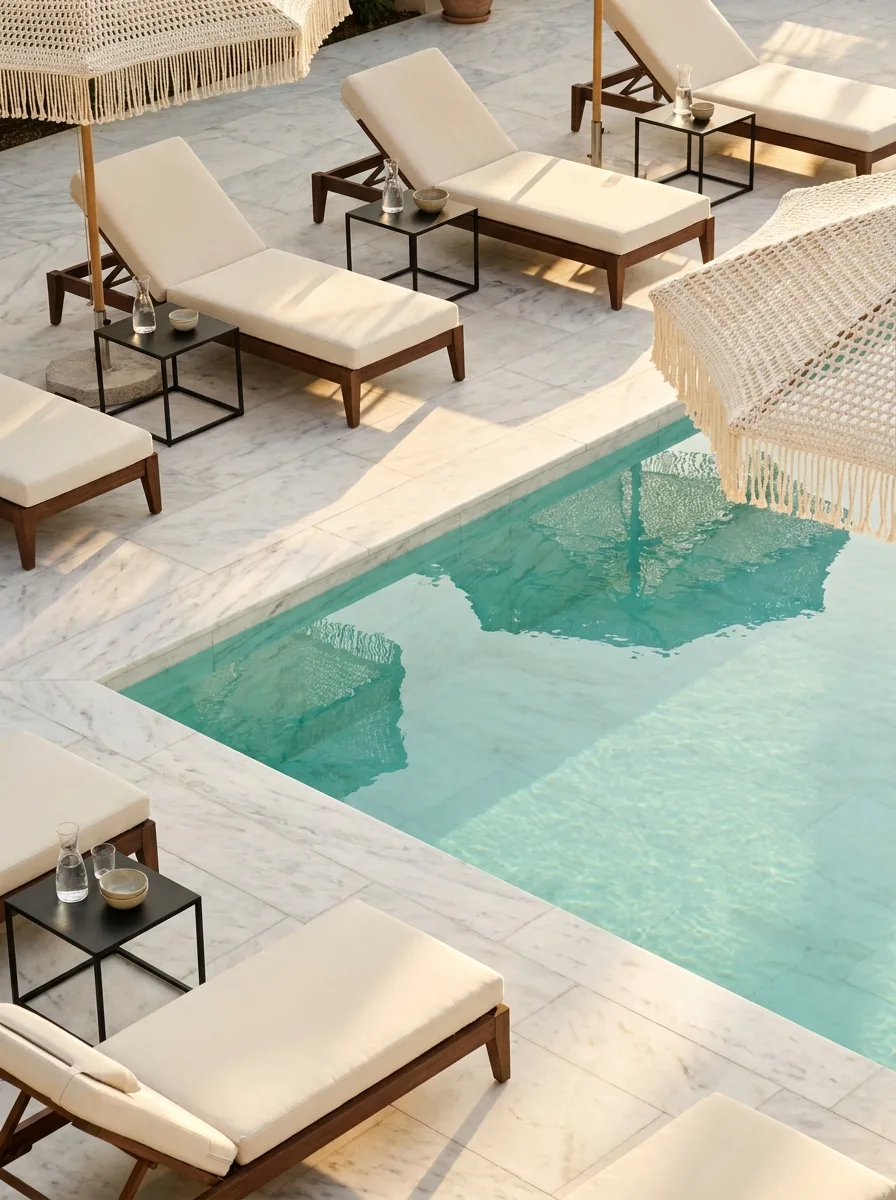 Elegant backyard swimming pool with marble coping, cream lounge chairs, fringe umbrellas, and sophisticated luxury outdoor living design