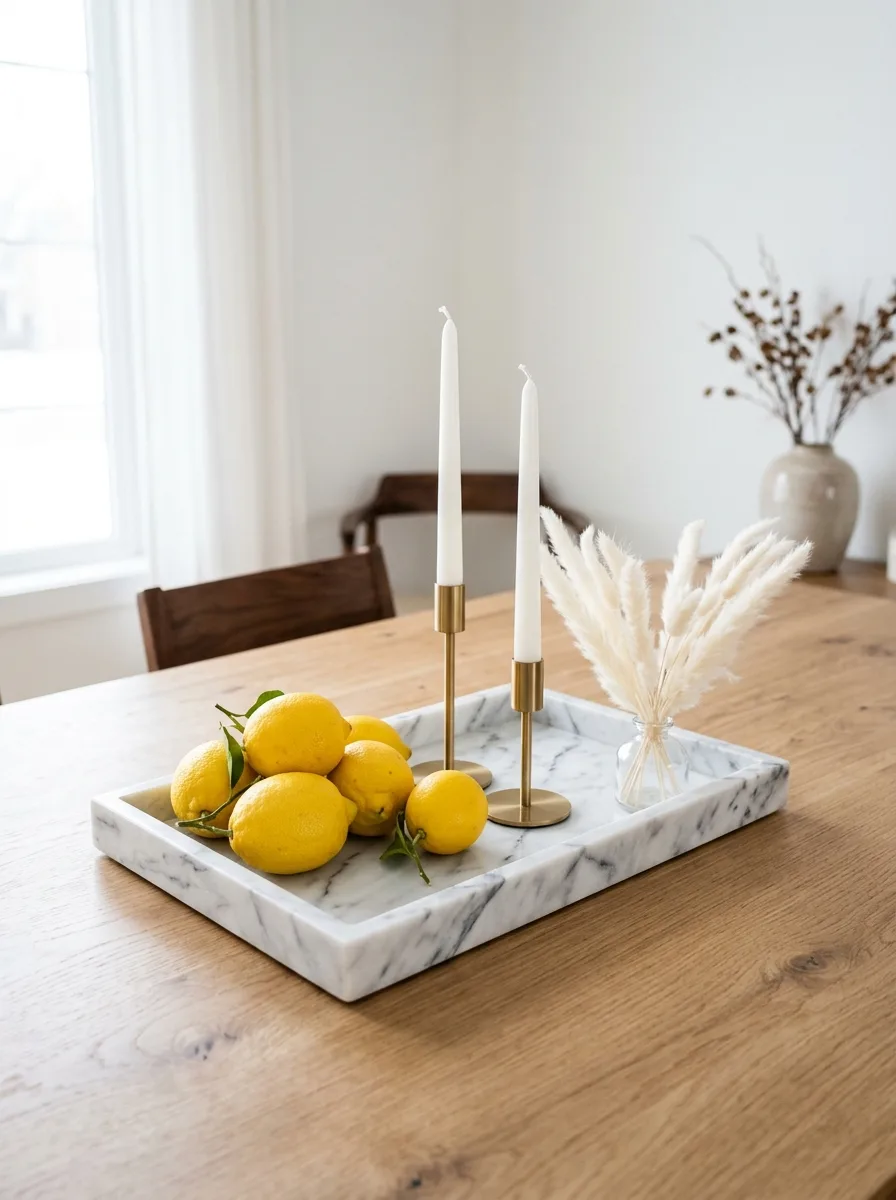 Marble tray lemon decor with taper candles and pampas grass styled for modern minimalist dining tables