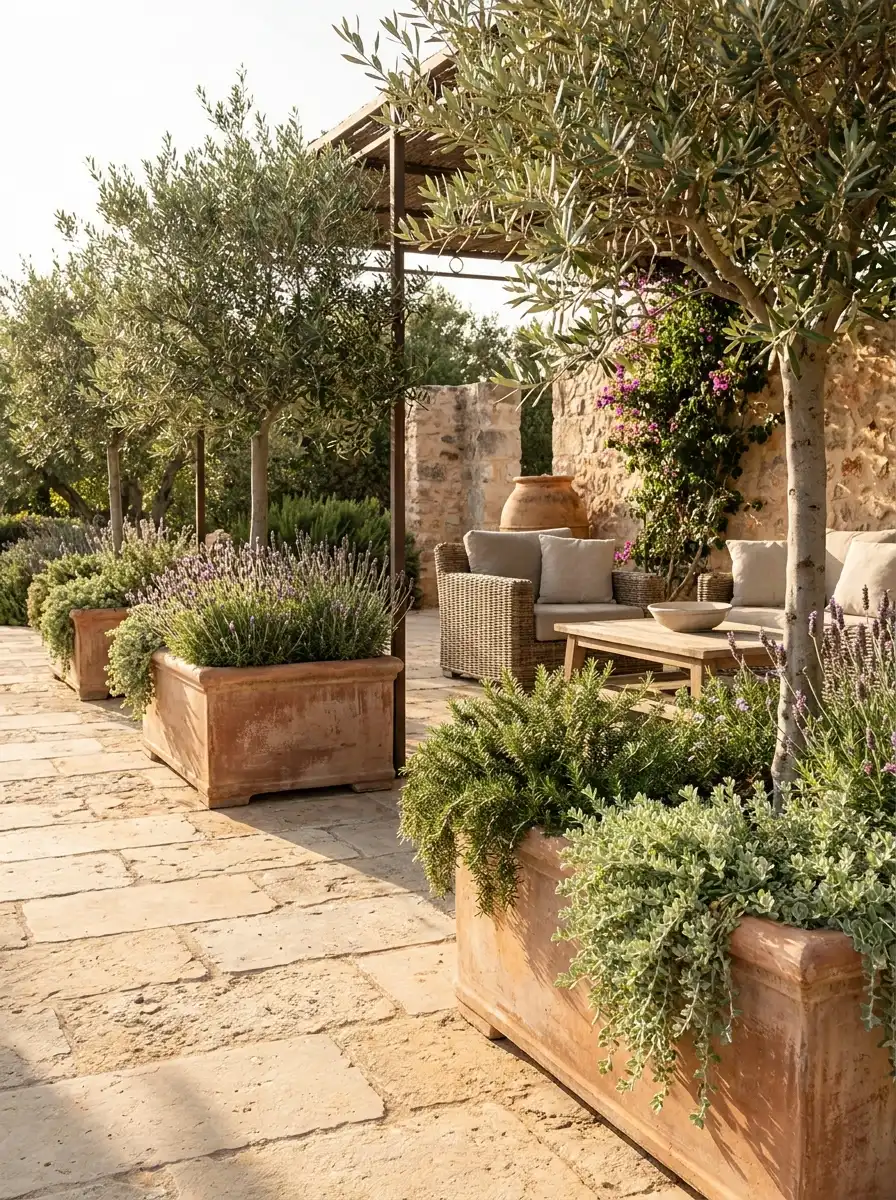 Terracotta planter boxes with olive trees, lavender, and silver-green foliage decorating a Mediterranean-style stone patio lounge.