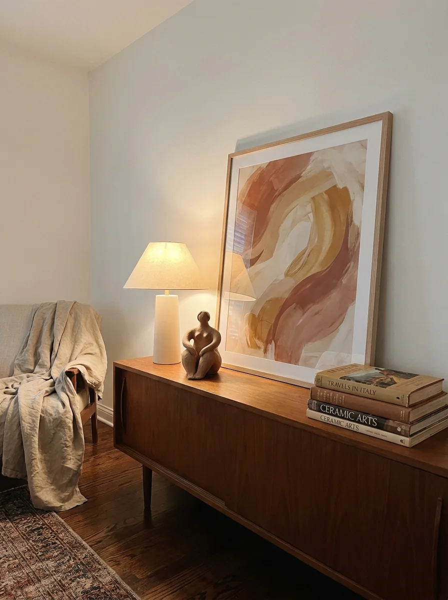 Cozy bedroom corner with a walnut mid-century modern sideboard styled with a white ceramic table lamp, small figurative clay sculpture, stacked art books including Travels in Italy and Ceramic Arts, and a large framed abstract art print in terracotta and cream tones leaning against the wall, beside a linen-draped accent chair on a vintage rug