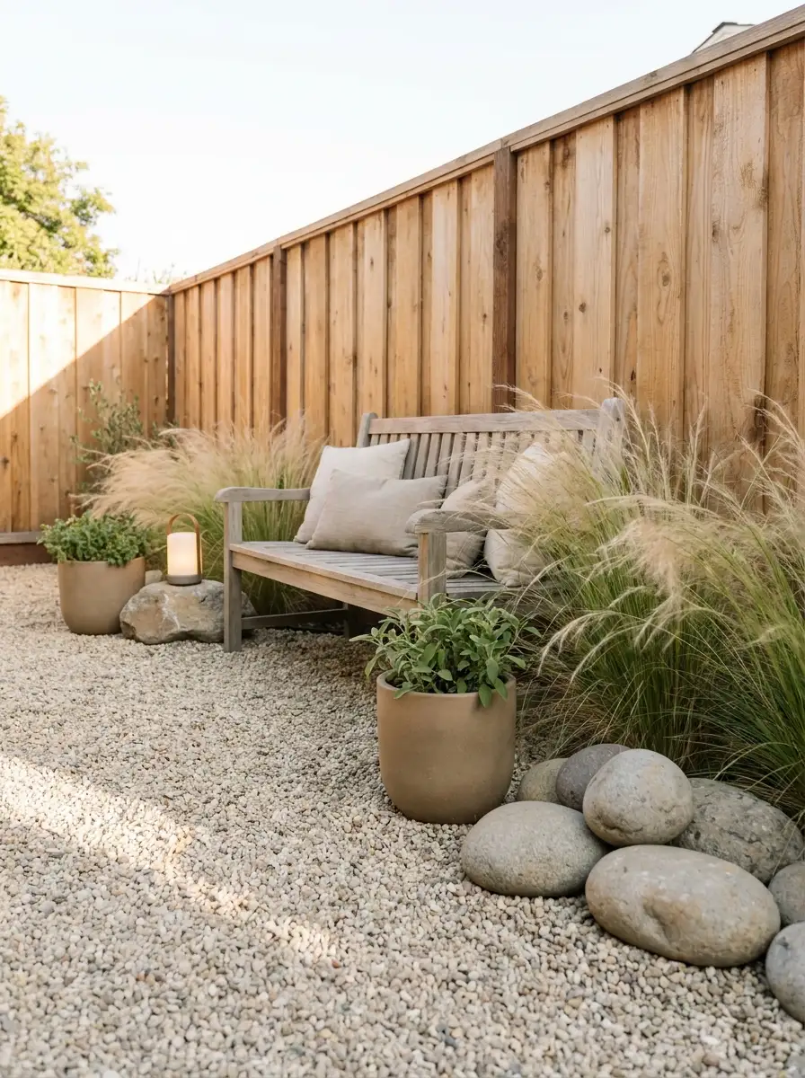 Simple minimalist backyard with gravel ground cover, ornamental grasses, natural stone accents, and wooden fence design for low-maintenance landscaping