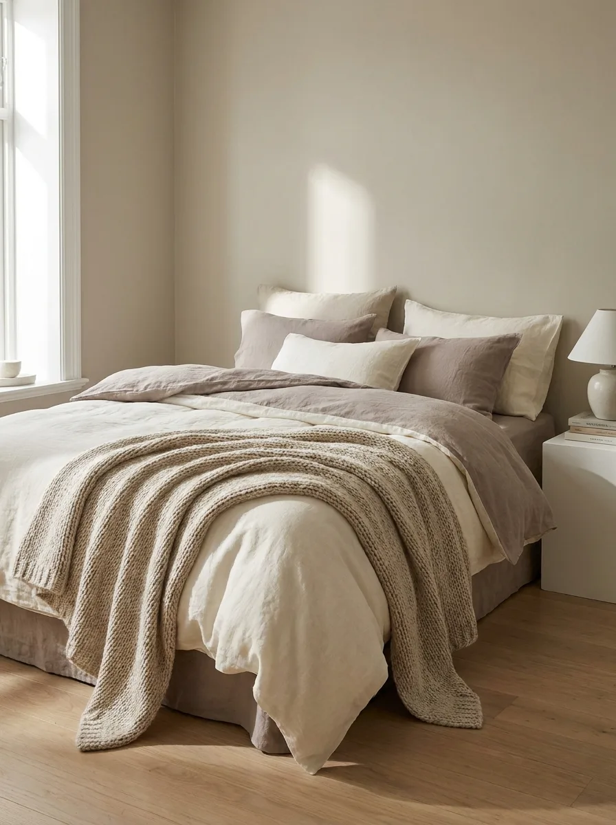 Clean and calm minimalist bedroom with a king-size bed layered in cream and dusty taupe linen pillowcases and duvet, a chunky knit throw draped across the foot, soft morning window light, and a simple white ceramic lamp on the nightstand