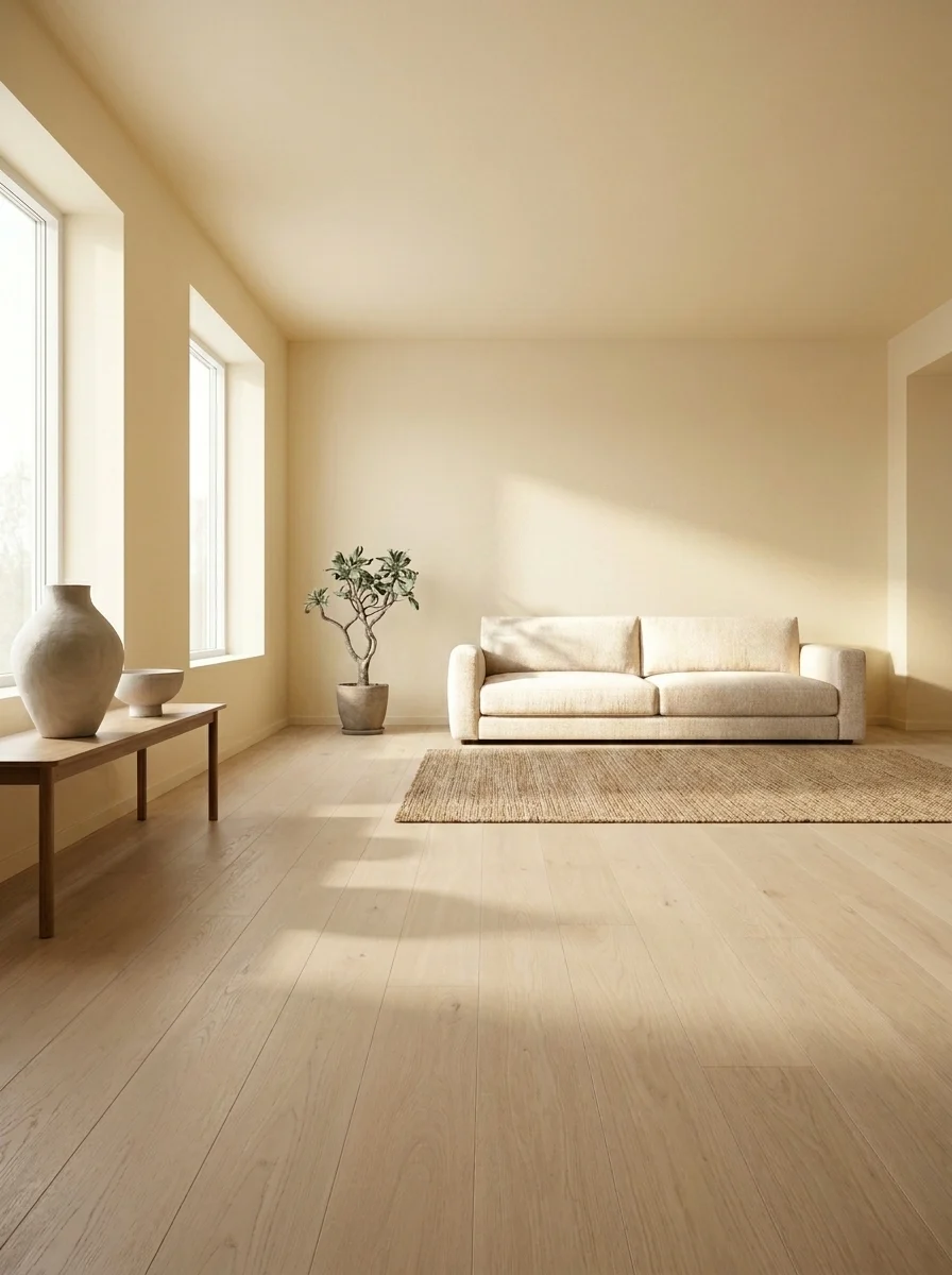 Minimalist living room with neutral sofa, open empty space, warm natural lighting, and clean modern interior styling