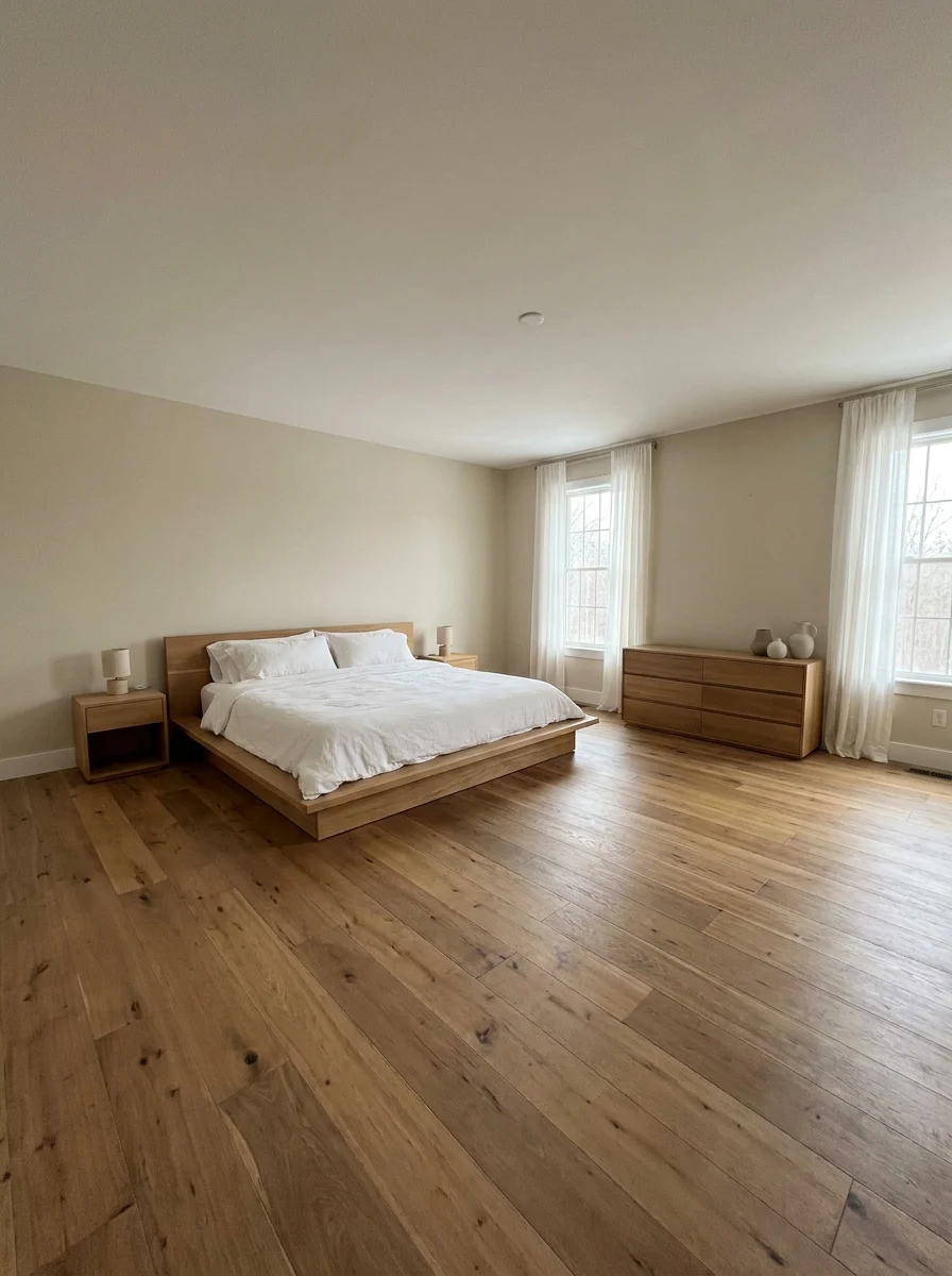 Spacious minimalist master bedroom featuring a low oak platform bed with white linen bedding, matching wood nightstands and dresser, sheer white curtains, and wide plank hardwood floors