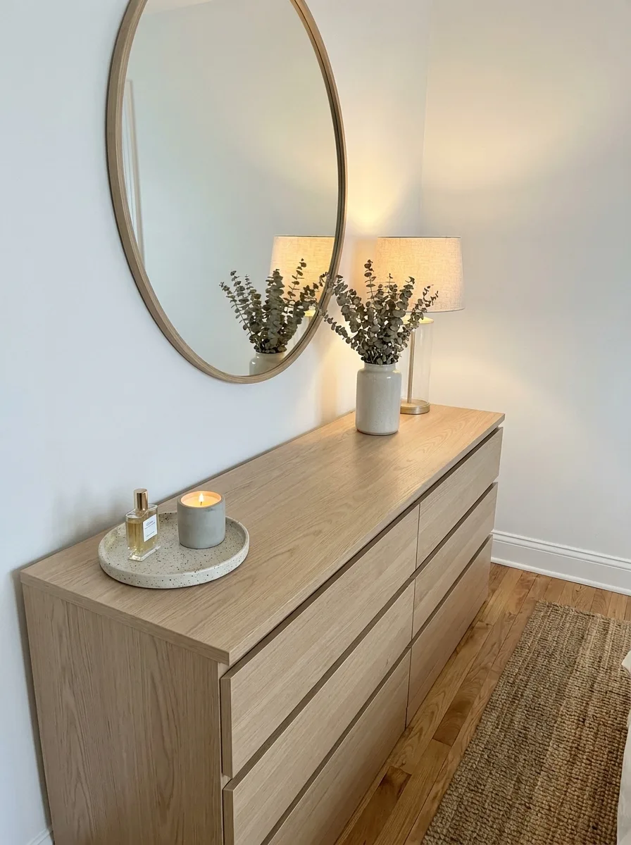 Styled light oak six-drawer dresser topped with a round gold-framed wall mirror, a ceramic vase of eucalyptus stems, a brass-base table lamp with linen shade, and a speckled stone tray holding a lit candle and perfume bottle