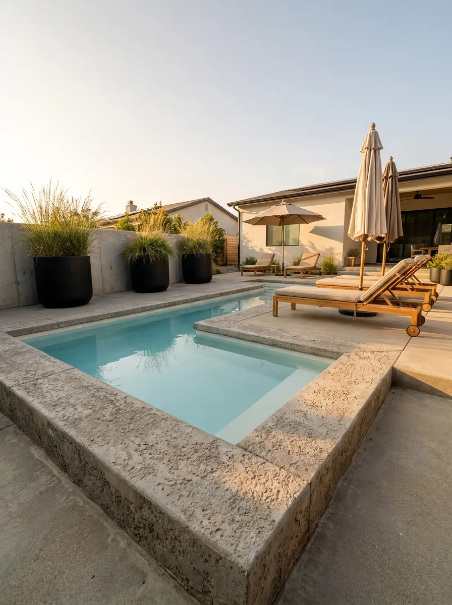 Small modern swimming pool with minimalist concrete coping, neutral pool loungers, oversized black planters, and clean contemporary backyard design