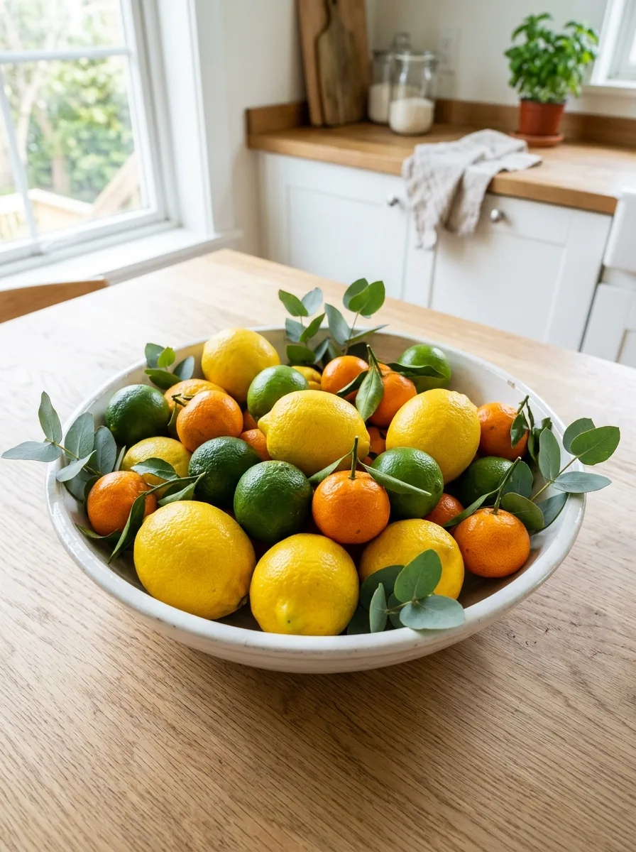 Mixed citrus bowl centerpiece with lemons, limes, mandarins, and eucalyptus on a rustic farmhouse table