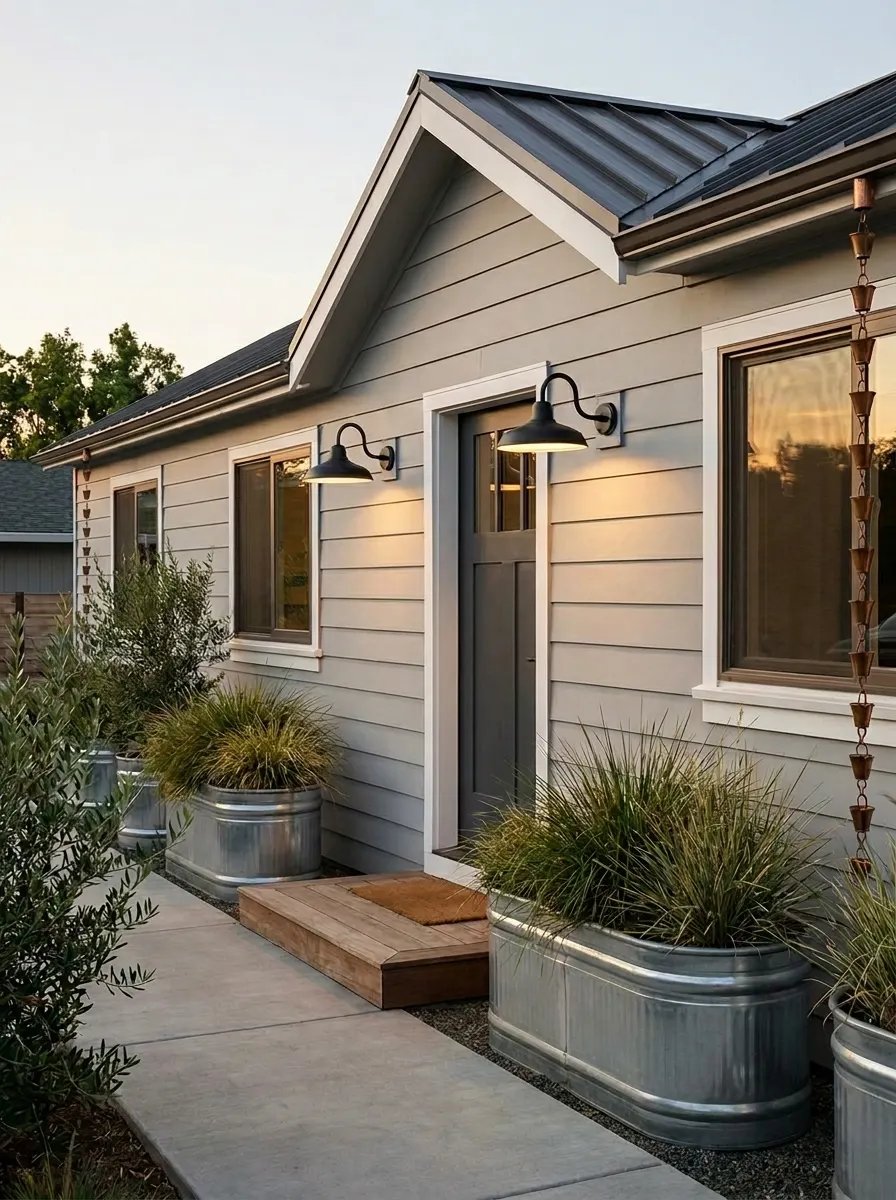 Modern mobile home exterior with black metal wall sconces, gray siding, galvanized planters, and contemporary curb appeal