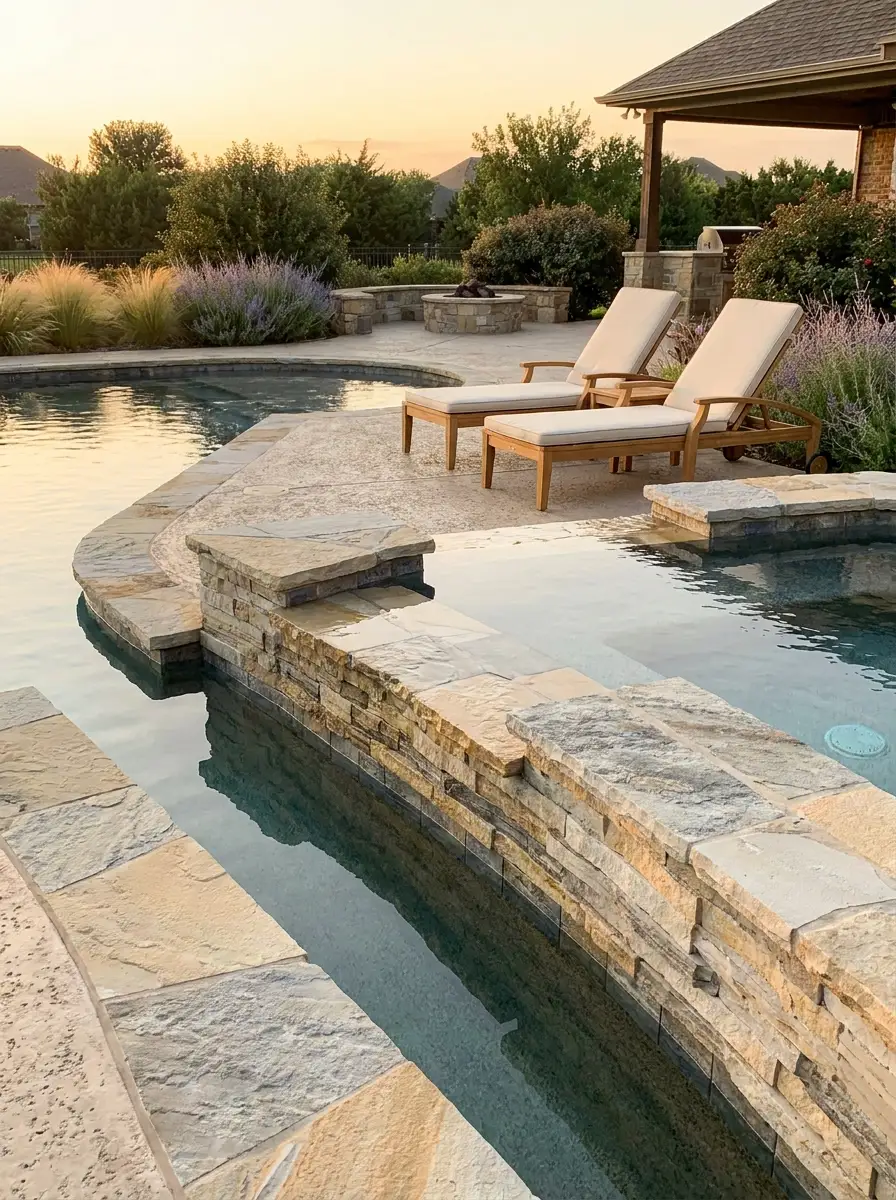 Luxury swimming pool with mixed natural stone coping, raised spa edge, warm sunset lighting, and elegant outdoor seating area inspiration