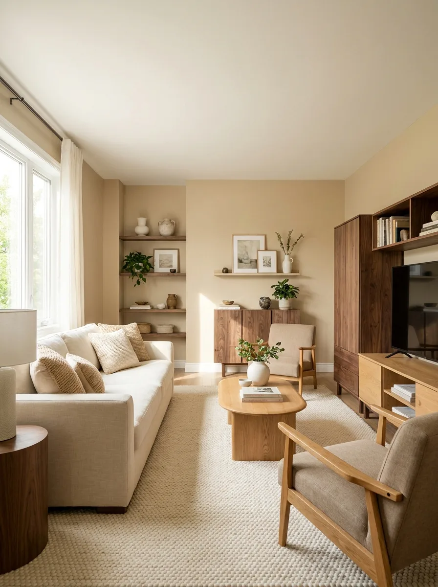 Neutral living room featuring mixed wood furniture, beige seating, warm decor accents, and minimalist styling