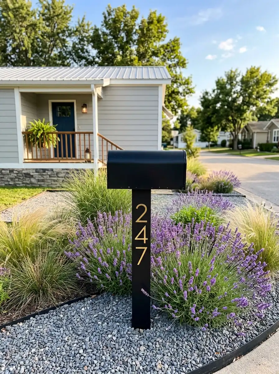 21 Mobile Home Curb Appeal Ideas That Prove Style Has Nothing to Do with Size 21 Modern mobile home curb appeal ideas with matte black mailbox, gold house numbers, lavender blooms, ornamental grasses, and gravel border landscaping