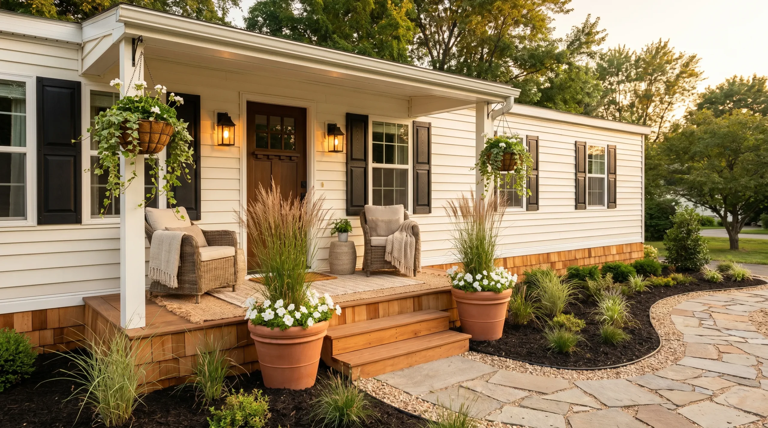 Beautiful mobile home curb appeal with warm wood porch, hanging baskets, curved stone pathway, and landscaped front yard