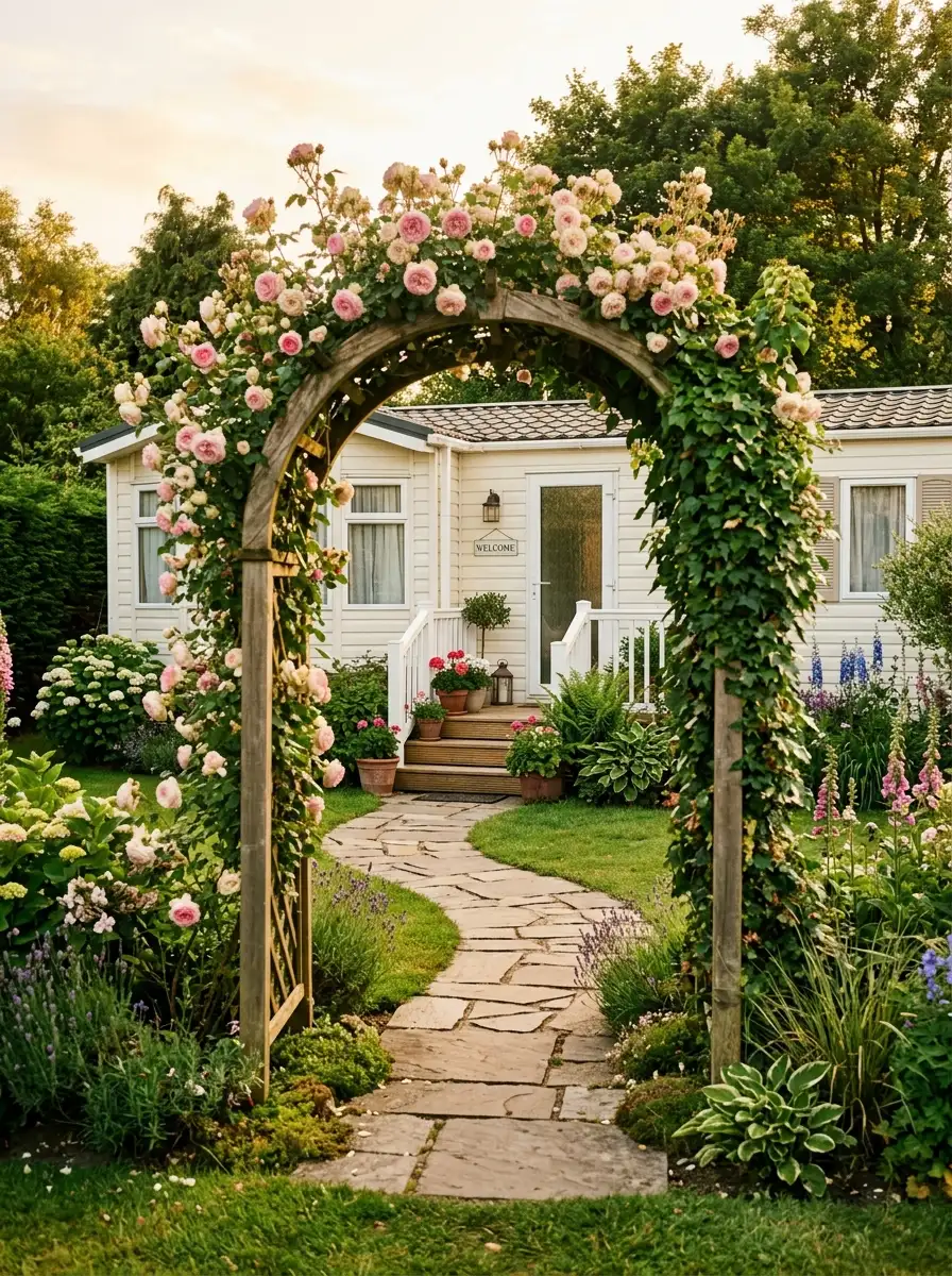 21 Mobile Home Curb Appeal Ideas That Prove Style Has Nothing to Do with Size 19 Cottage style mobile home curb appeal ideas with wooden trellis arch covered in pink climbing roses, flagstone pathway, and lush garden landscaping